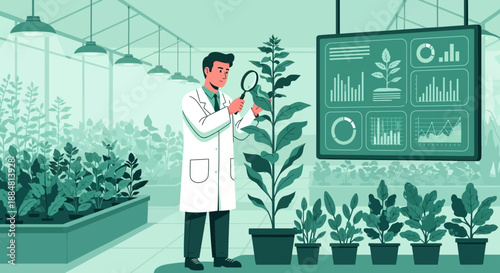 Scientist Examining Plant Growth in Greenhouse with Data Visualization.