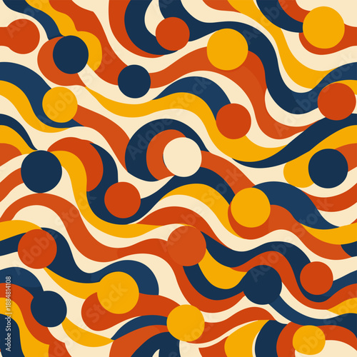 A vibrant, retro-futuristic seamless pattern in mid-century modern + psychedelic 60s/70s style with a strong influence of contemporary bold graphic design and fluid abstract art.