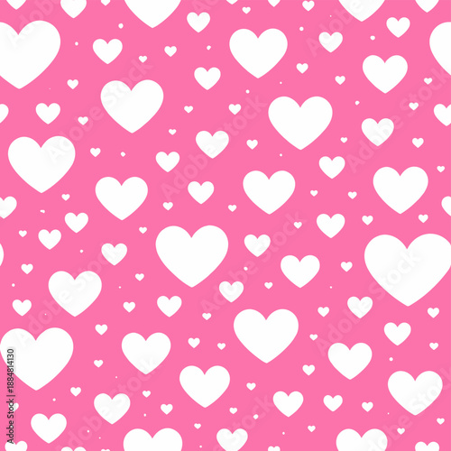 A romantic seamless pattern in the style of Valentine's Day / love / cute girly. White hearts of various sizes, from large to tiny, are scattered randomly but evenly across the entire field.