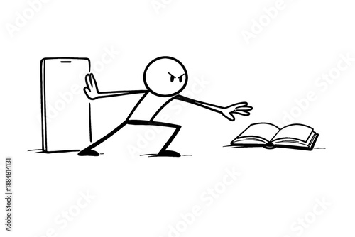 A black-and-white illustration featuring a stick figure reaching for both a smartphone and a book, symbolising the internal struggle between procrastination and learning.