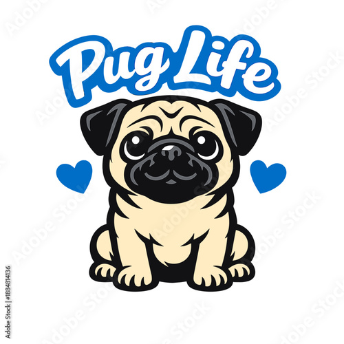 A humorous and very popular sticker/illustration in the cartoon/kawaii/meme sticker style with the theme ‘Pug Life’ — a meme joke based on ‘Thug Life’, but with a cute pug instead of a gangster.