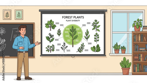 Teacher Explaining Forest Plants in Classroom with Plant Diagram.