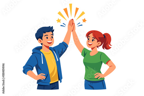 Positive illustration in cartoon/flat vector/modern kids illustration style with the theme of success, friendship and teamwork. A boy and a girl — both smiling, joyful, in a dynamic pose.