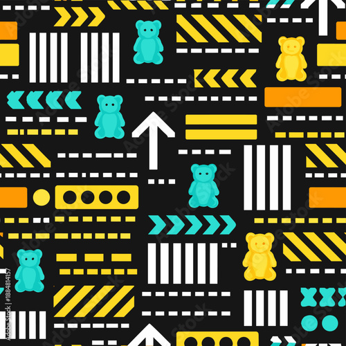 A playful seamless pattern in the style of contemporary Memphis design. Marmalade bears, arrows, dotted and solid lines, stripes of varying thickness, rectangles/blocks, dots, short dashes.