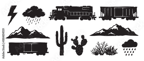 Collection of hand-drawn black western icons featuring a diesel train, freight cars, mountains, cacti, and stormy weather symbols in a rough, stamp-like illustrative style