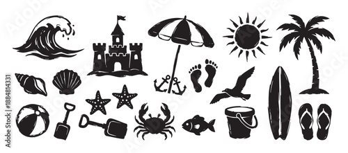 Collection of black beach themed icons featuring a sandcastle, palm tree, surfboard, and wave in a hand-drawn grunge style for summer vacation concepts