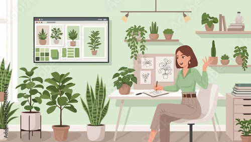 Woman designs indoor garden surrounded by plants and design tools.