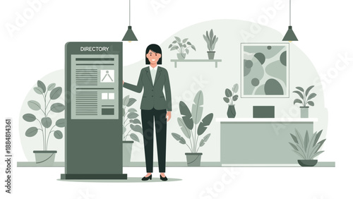 Woman Interacting with Information Kiosk in Modern Interior.