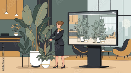 Woman in Suit Examining Plants with Digital Display.