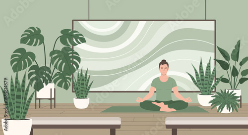 Woman Meditating in a Serene Indoor Garden Setting.