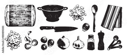 Set of black and white kitchen utensils and fresh ingredients for cooking in a rustic, hand-drawn woodcut style illustration, including a knife, cutting board, and vegetables