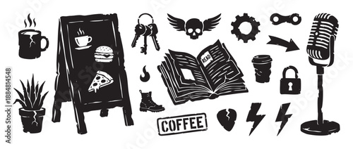 Black and white grunge style icon set featuring a vintage microphone, coffee cup, winged skull, and chalkboard menu in a hand-drawn, block print artistic style