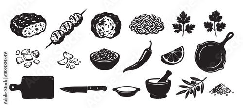 Hand-drawn set of food and kitchen icons featuring meatballs, kebab, minced meat, spices, and cooking utensils in a black and white linocut illustration style for culinary design