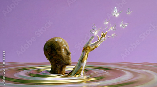 Metamorphosis of the Mind: An artistic and ethereal composition showcases a head emerging from a liquid, with a hand reaching towards delicate butterflies.