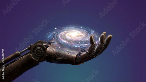 Galactic Embrace: An artificial hand cradles a mesmerizing galaxy, embodying the fusion of technology and the cosmos in a display of futuristic innovation.