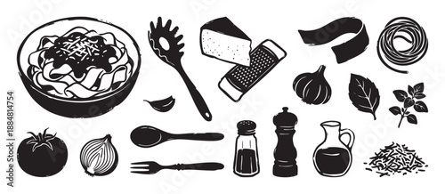 Collection of black and white pasta ingredients and cooking utensils in a hand-drawn linocut style, including fettuccine, cheese, tomato, onion, garlic, and herbs for a classic recipe