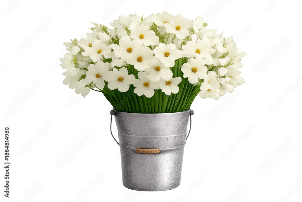 Fototapeta premium White flowers bouquet in metal bucket transparent background
