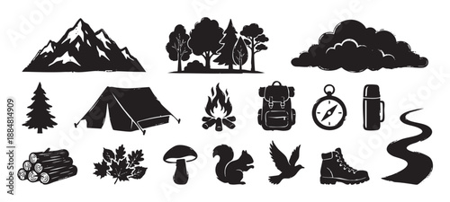 Collection of black camping and hiking silhouettes with a grunge texture, including a mountain, tent, campfire, and backpack for adventure and tourism concepts