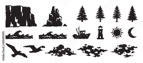 Black nature and nautical silhouette icon set with a grunge and pixelated style, featuring a cliff, waves, pine trees, a fishing boat, lighthouse, sun, and moon