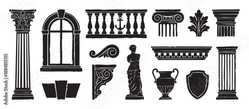 Collection of black ancient architectural elements featuring columns, a statue, window, and amphora, all rendered in a graphic silhouette style with a rough, hand-drawn texture