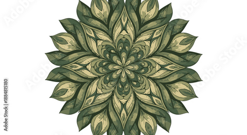 Intricate green and beige floral mandala design on white background.