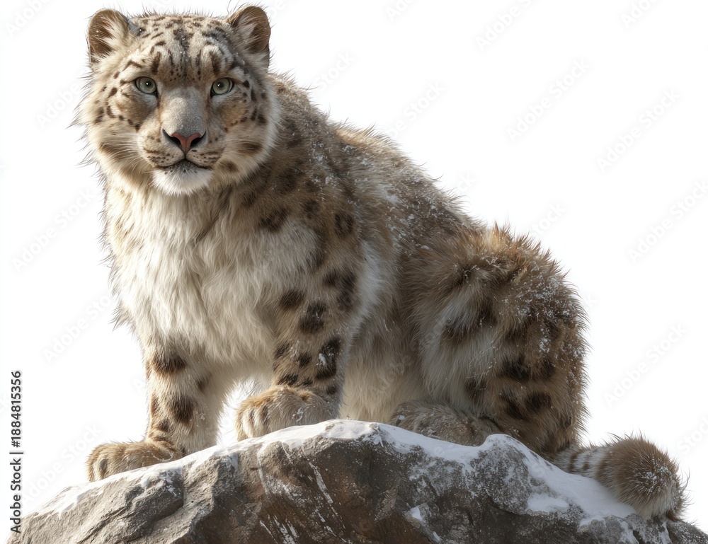 Fototapeta premium A regal snow leopard sits atop a snow-dusted rock, gazing forward with intense eyes