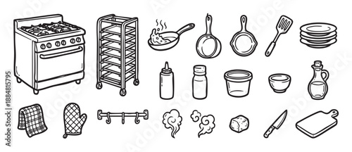 Set of hand-drawn kitchen equipment illustrations including a stove, pans, utensils, and various cooking items in a black and white doodle style for culinary concepts