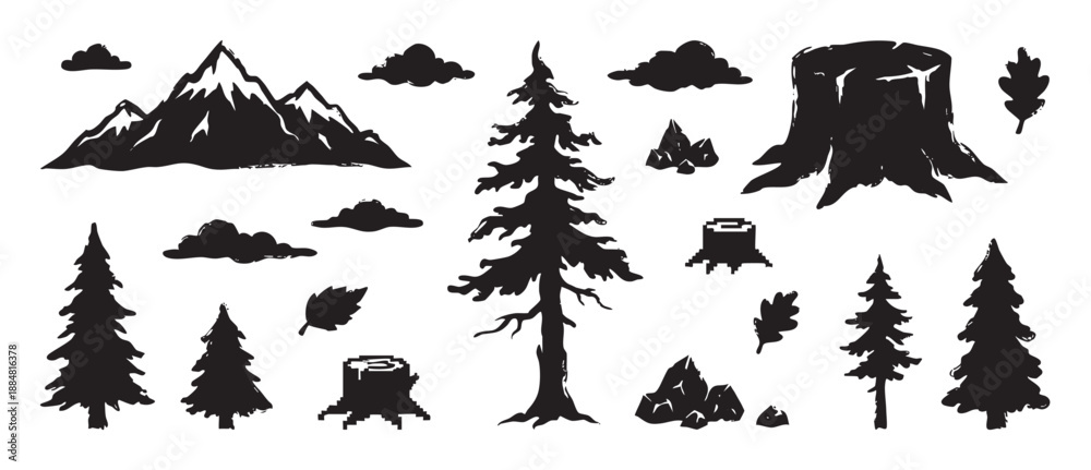 Fototapeta premium Collection of black nature silhouettes including mountains, pine trees, stumps, clouds, and rocks in a hand-drawn grunge and pixel art style for adventure and camping themes