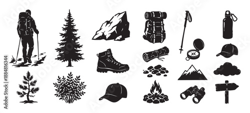 Collection of black hiking and camping icons featuring a hiker silhouette, backpack, boot, compass, and campfire, a graphic vector set for outdoor adventure and travel design