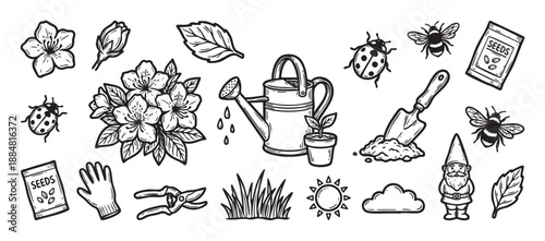 Collection of black and white gardening doodle illustrations featuring a watering can, flowers, seed packets, a trowel, and a garden gnome in a charming sketch style