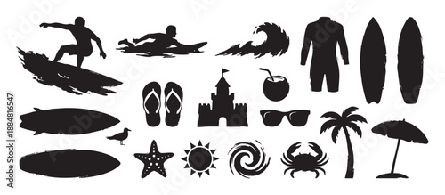 Set of grunge-style black vector silhouettes for surfing and summer holidays, featuring a surfer, wave, sandcastle, coconut drink, and other tropical beach elements