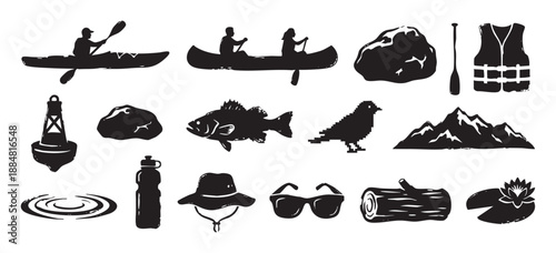 Set of black outdoor recreation silhouettes in a hand-drawn linocut style, depicting canoeing, kayaking, fishing, and camping with various nature and equipment icons