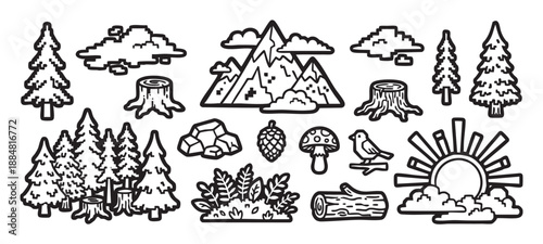 Set of black and white forest icons in a mixed doodle and pixel art style, featuring trees, mountains, a sun, clouds, a mushroom, and other nature elements for design
