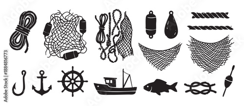 Collection of black nautical fishing icons in a hand-drawn linocut style, featuring a boat, anchor, ship's wheel, rope, net, fish, hook, and various marine elements