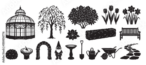 Collection of black garden silhouette icons including a greenhouse, tree, flowers, bench, and tools in a decorative vintage graphic style for landscaping and horticulture concepts