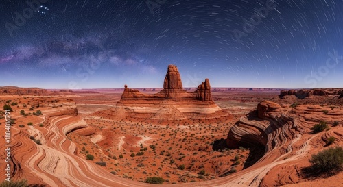 Desert Landscape Under Star Trails