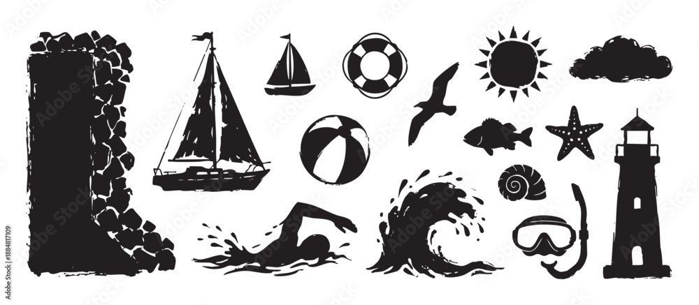 Fototapeta premium Collection of black grunge sea icons featuring a sailboat, lighthouse, wave, and swimmer in a distressed, hand-drawn stamp style for summer vacation and nautical themes