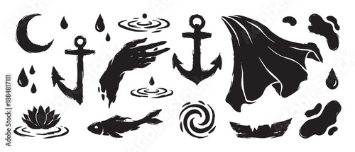Collection of black grunge vector elements with a nautical and mysterious theme, showing an anchor, moon, fish, lotus, and water ripples in a distressed, hand-carved style