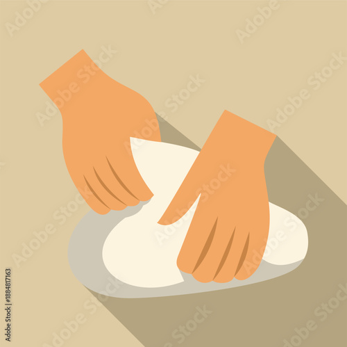 Hands kneading dough, preparing food in a flat design style