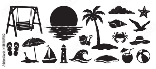 Set of black summer vacation icons with a rough, grunge texture, depicting various beach elements like a palm tree, sunset, sailboat, crab, shell, and lighthouse