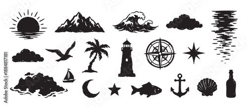 Collection of hand-drawn nautical icons in a black grunge stamp style featuring various sea, travel, and nature elements like a lighthouse, anchor, compass, wave, and sun