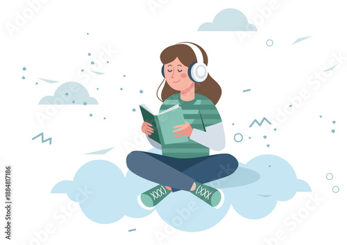 Young woman reading a book with noise-cancelling headphones, floating on a blue cloud, calm modern illustration
