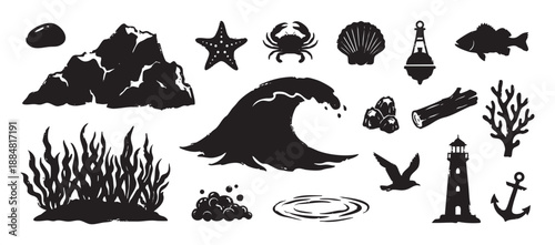 Collection of black nautical and marine icons featuring a wave, lighthouse, anchor, crab, starfish, and fish in a graphic, hand-drawn stamp illustration style