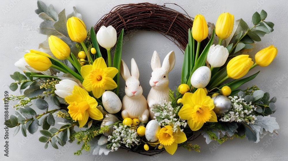 Obraz premium Easter wreath with tulips daffodils and bunnies