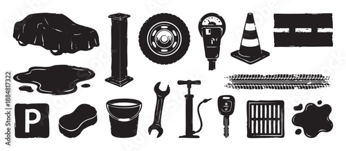 Collection of black grunge automotive icons featuring a covered car, tire, wrench, and parking meter, all rendered in a distressed, hand-drawn, stamp-like illustration style