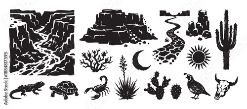 Collection of black and white desert wildlife and landscape elements in a rustic linocut style, featuring a canyon, mesa, cactus, scorpion, tortoise, and cow skull