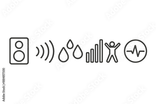 Dancefloor Sound Icons. Dancefloor sound rush: Line style icons of dance speaker, pumping waves, beat drops, motion bars, party