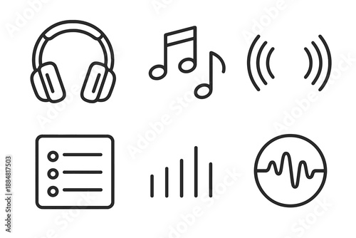 Audio Flow Icons. Audio immersion flow: Line style icons of cushioned headphones, melody symbols, wave arcs, playlist square,