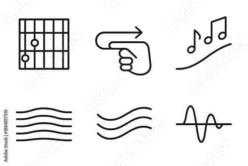 Musical Fretboard Dynamics. Fretboard tune motion: Line style icons of fret grid, sliding finger, rising notes, string arc, tone