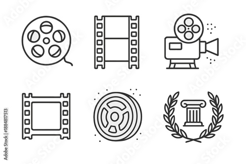 Historical Film Icons. Historical film era: Line style icons of era reel, analog strip, antique projector, cinema frame, dusty
